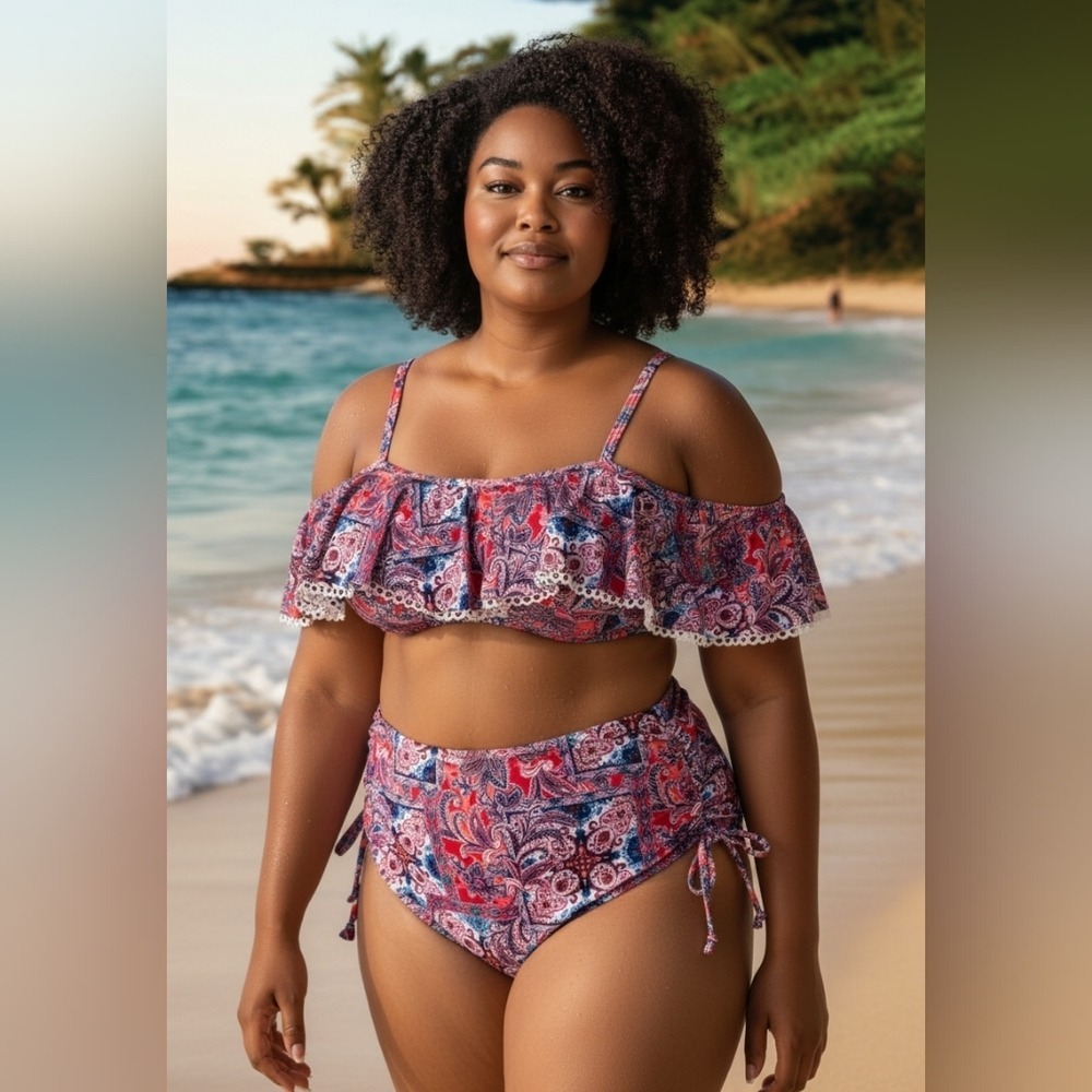 NWT SwimsuitsForAll Women's Bikini Set Paisley Off Shoulder High Waist Size 18